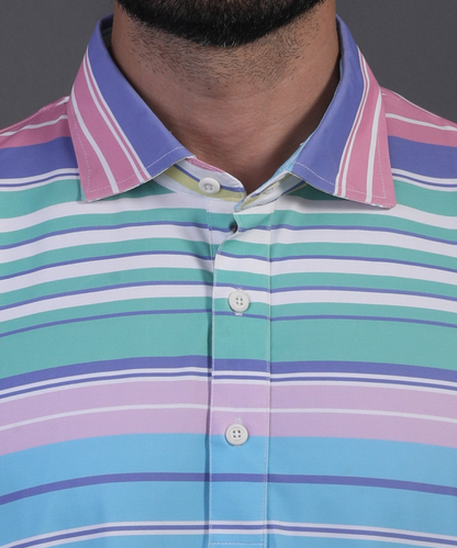 DapperTee v stiched placket detail on premium polyamide multicolor striped luxury polo.