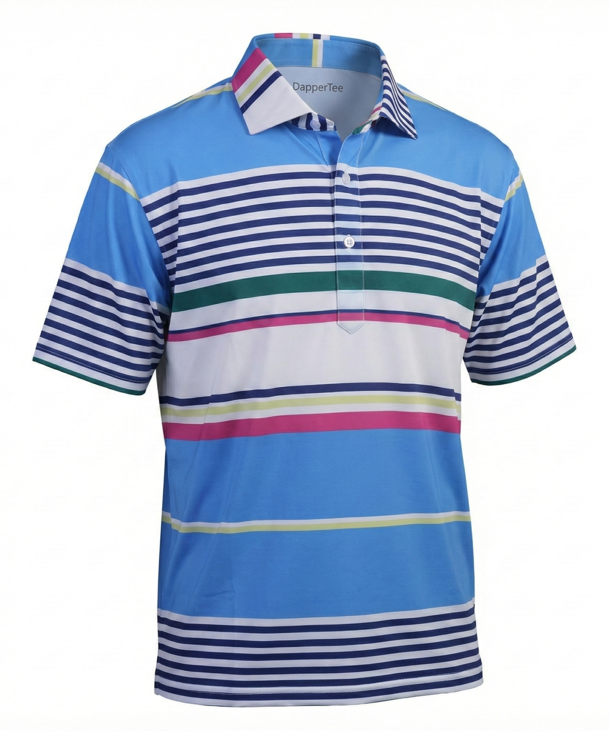 DapperTee Luxe Stripes light blue golf polo with signature V-placket design.