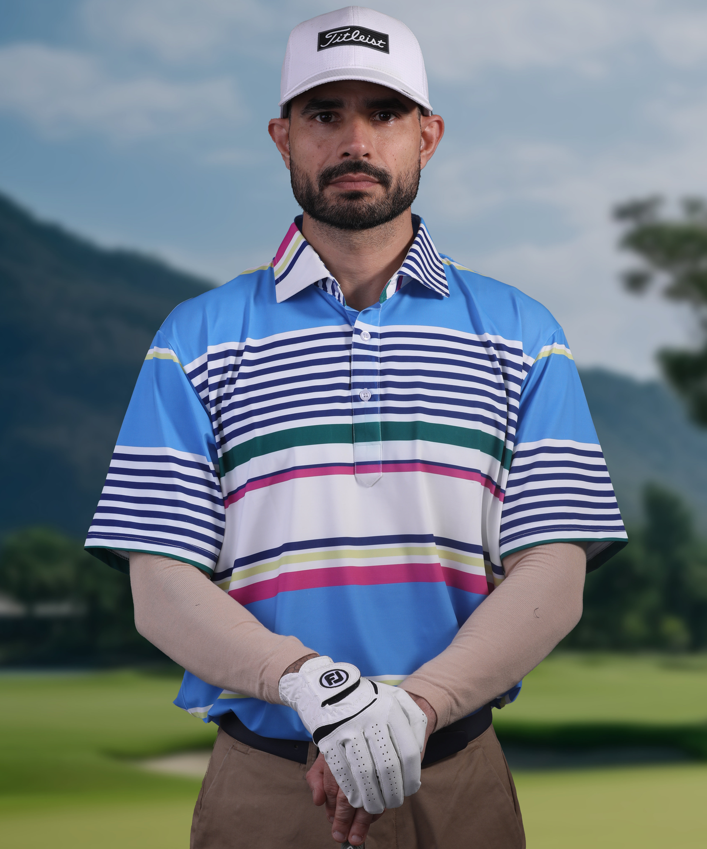 Men's DapperTee light blue golf polo in stretchable polyamide for athletic performance.