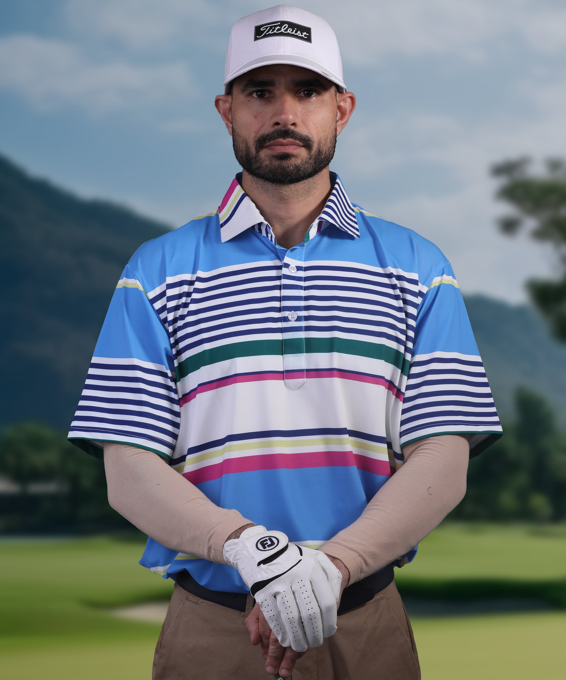 Men's DapperTee light blue golf polo in stretchable polyamide for athletic performance.