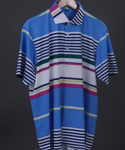 DapperTee light blue striped golf polo highlighting firm collar and specialized fabric.