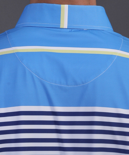 High-quality DapperTee firm collar construction on light blue striped professional golf polo