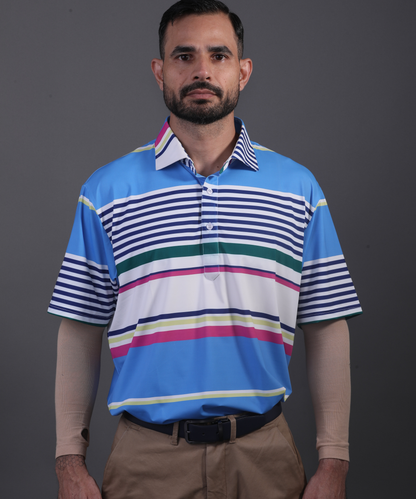 Well-groomed model in DapperTee light blue striped polo for premium golf aesthetic.