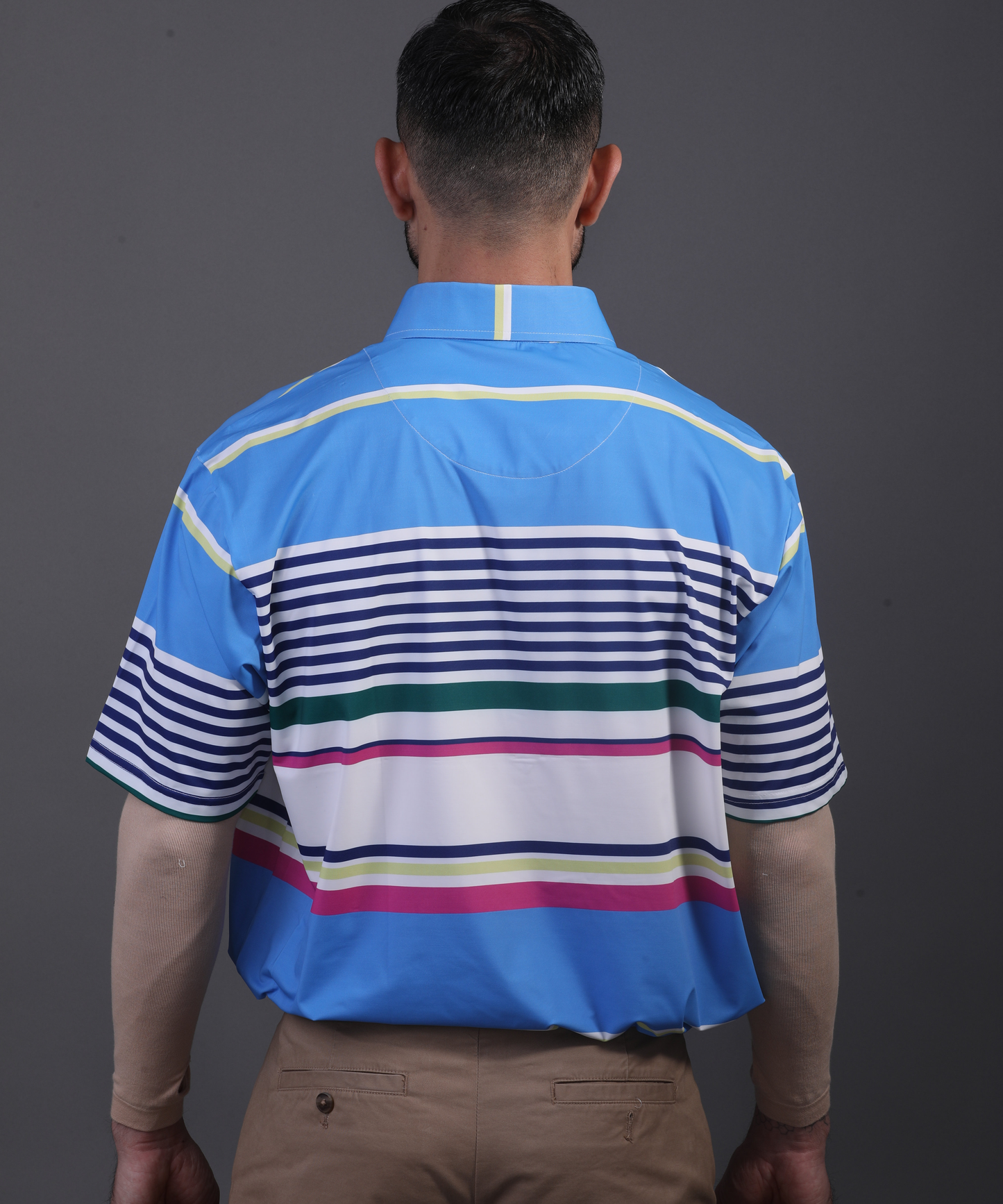Full back view DapperTee light blue stripe polo for professional men's style.