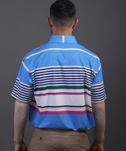 Full back view DapperTee light blue stripe polo for professional men's style.
