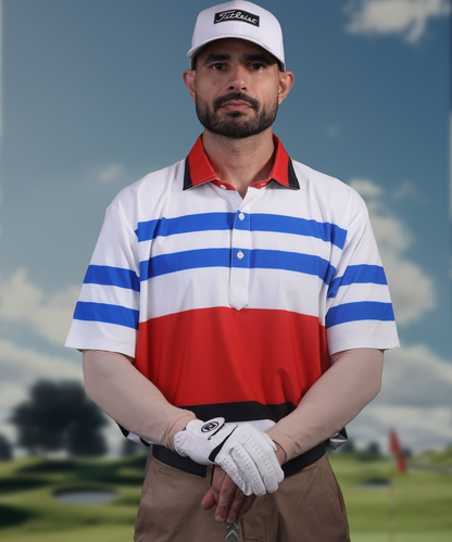 Men's DapperTee tri-color golf polo in stretchable polyamide fabric for office wear.