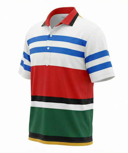 DapperTee American Red Blue White stripe polo with crisp collar and V-placket.