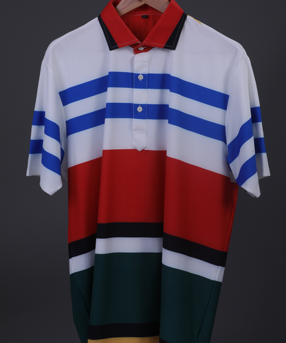 Red Blue White DapperTee polo on hanger highlighting firm collar and design.