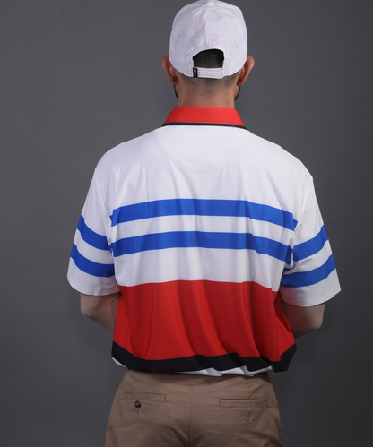 Rear view DapperTee tri-color polo demonstrating athletic fit and stretchable comfort.
