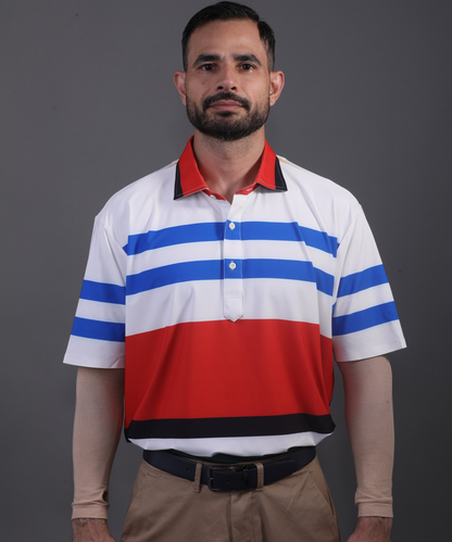 Well-groomed model in DapperTee striped polo for a premium corporate office look.