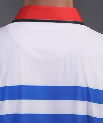 Close-up of DapperTee crisp firm collar on American Red Blue White polo.