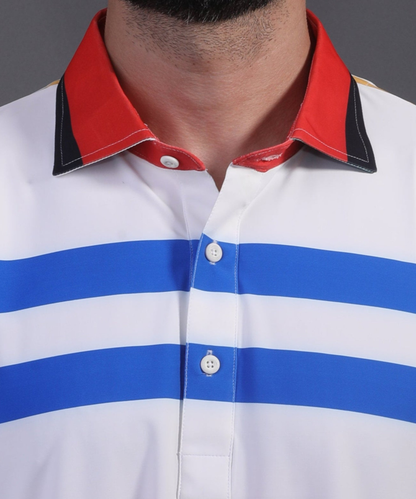 DapperTee signature V-placket close-up on premium polyamide striped office wear polo.
