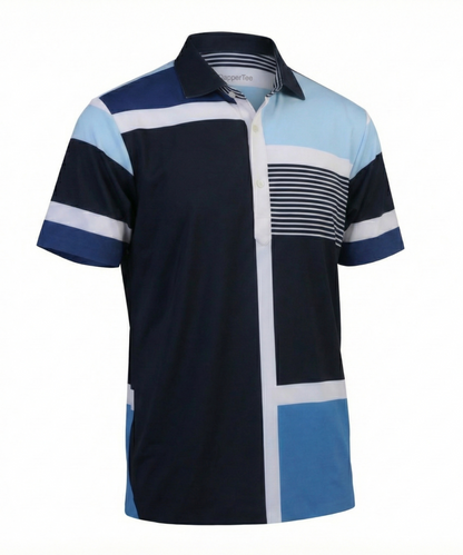 DapperTee True Italian blue stripe polo with crisp collar and V-placket design.