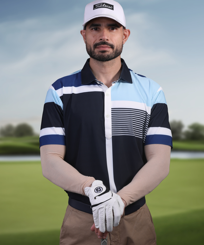 Men's DapperTee blue striped golf polo in stretchable polyamide.