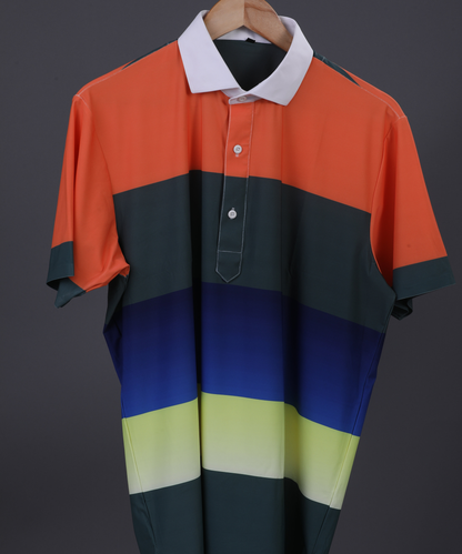 DapperTee orange green blue golf polo highlighting firm collar and relaxed fit.