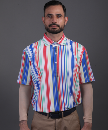 Well groomed model wearing DapperTee Luxe Vertical polo for premium golf aesthetic.