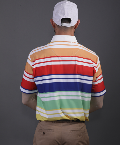 Rear view DapperTee stretchable polo, comfortable athletic fit for office golf.
