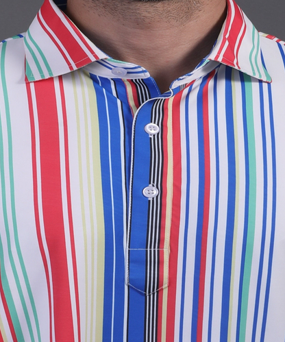 DapperTee v stiched placket detail on premium polyamide multicolor striped luxury polo.