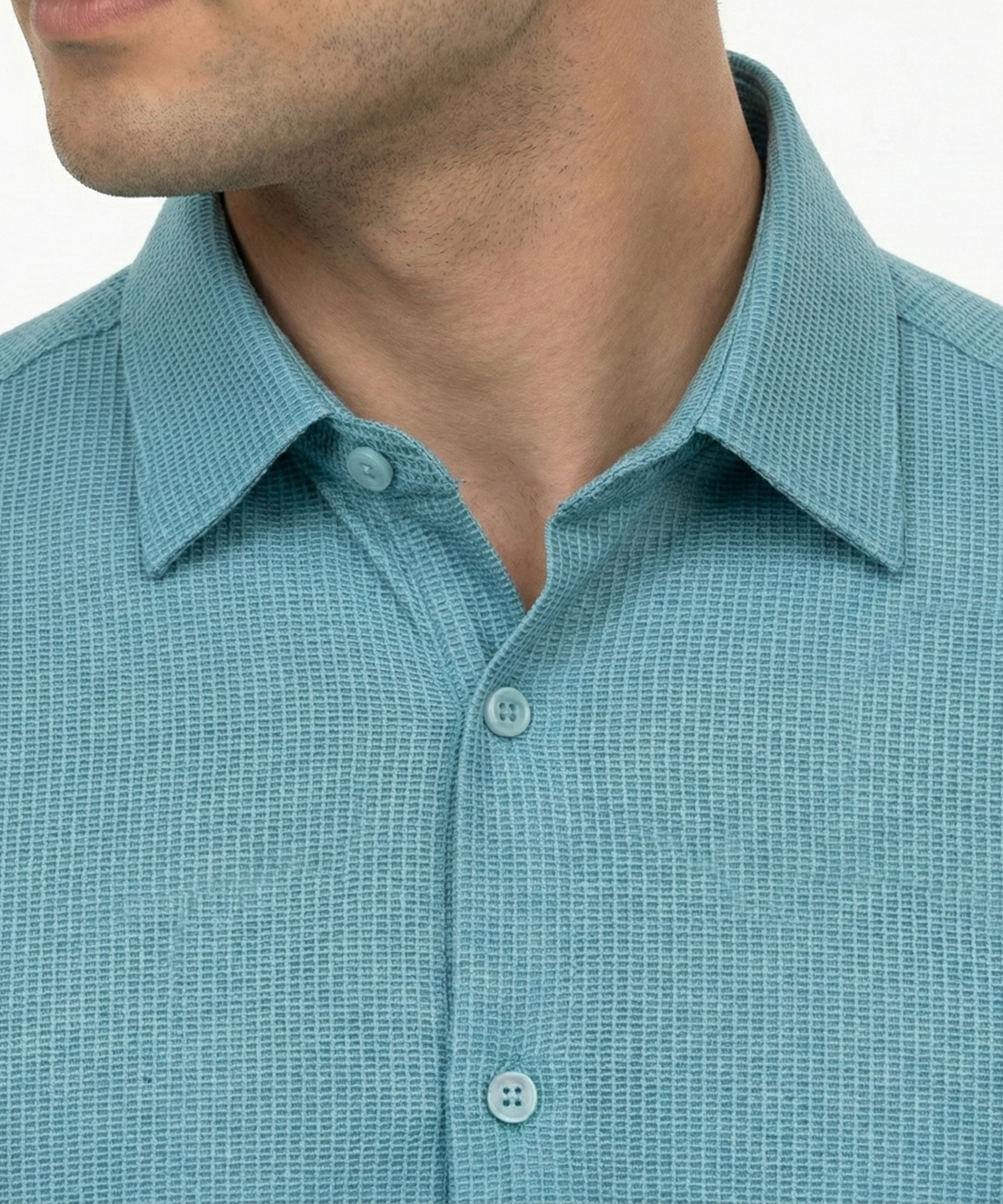 DapperTee teal open shirt highlighting firm collar and professional high-end tailored fit.