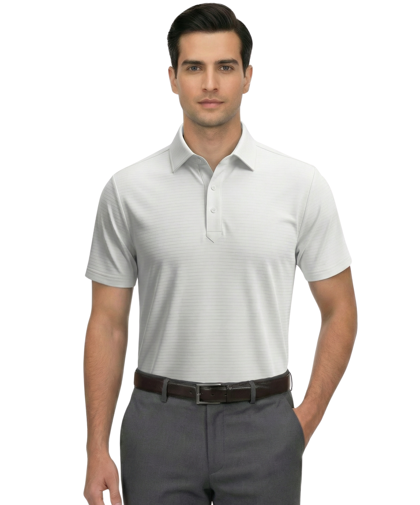 Men's DapperTee white striper polo breathable polyamide fabric for professional office environments.
