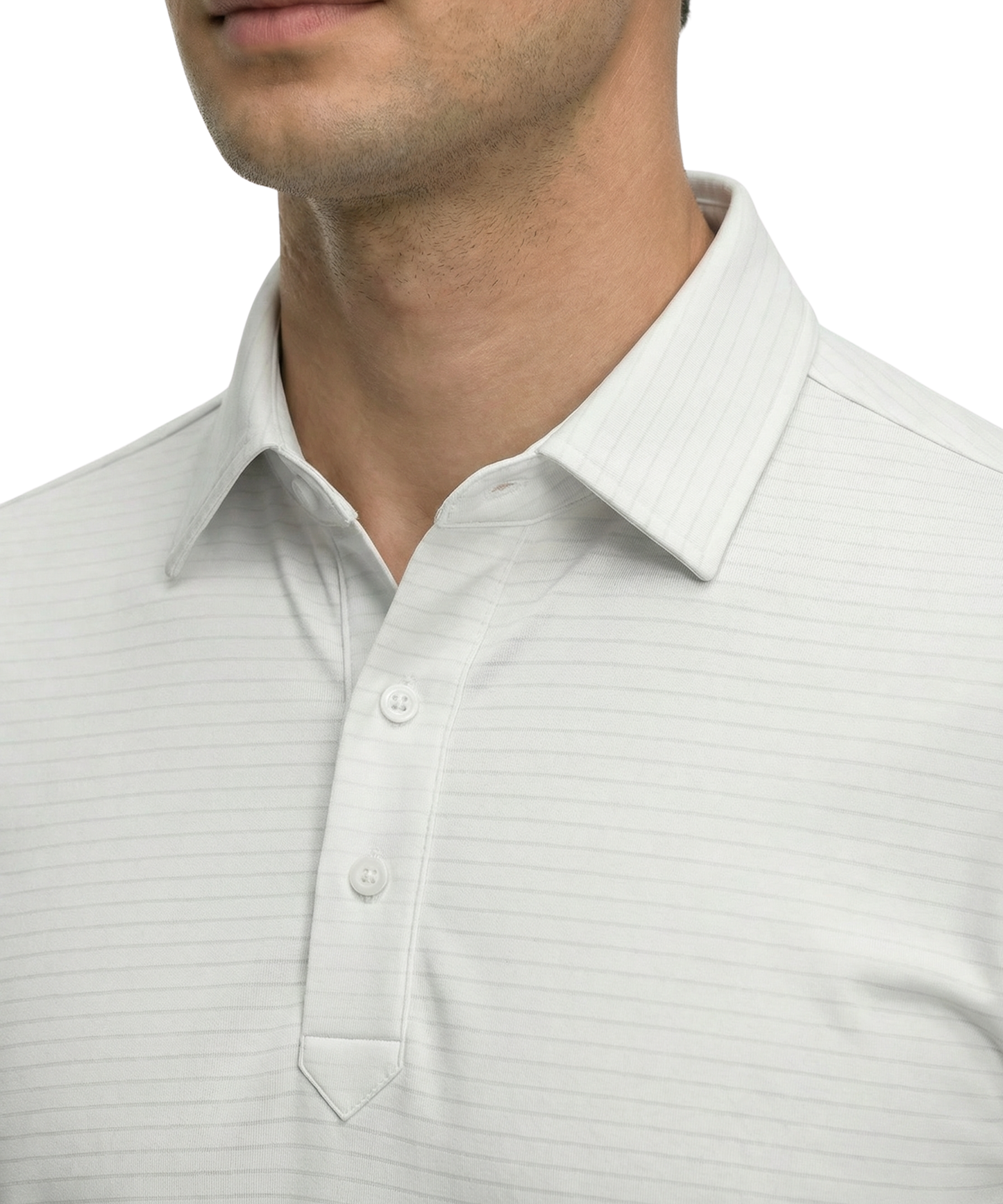 DapperTee white striper polo highlighting firm collar and professional high-end tailored fit.