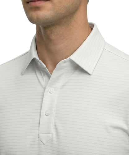 DapperTee white striper polo highlighting firm collar and professional high-end tailored fit.