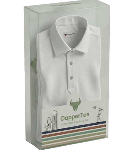 DapperTee premium white polo luxury packaging for high-end professional corporate gifting needs.