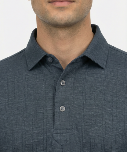 DapperTee black jaquard polo highlighting firm collar and professional high-end tailored fit.