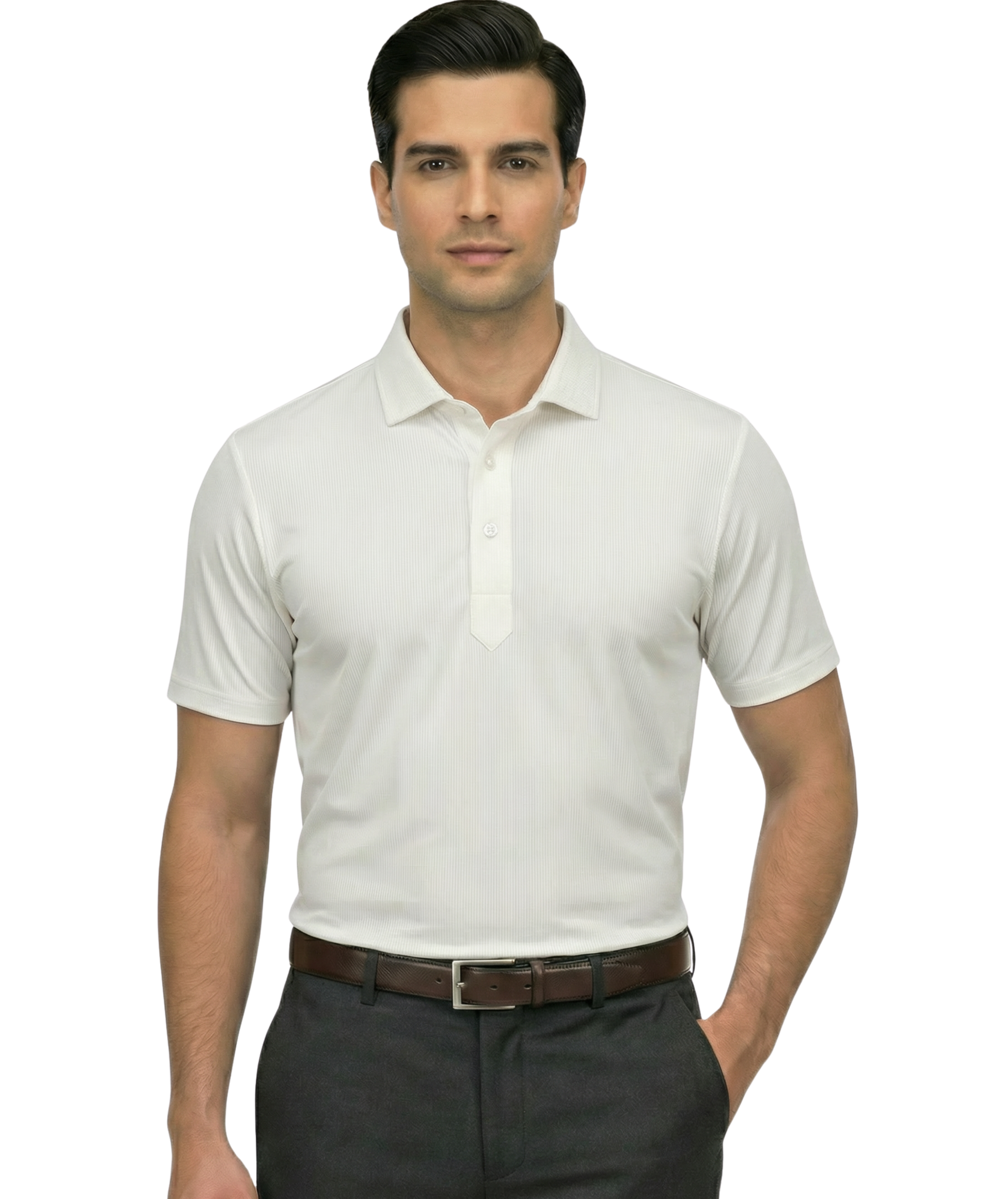 Men's DapperTee white striper polo breathable polyamide fabric for professional office environments.