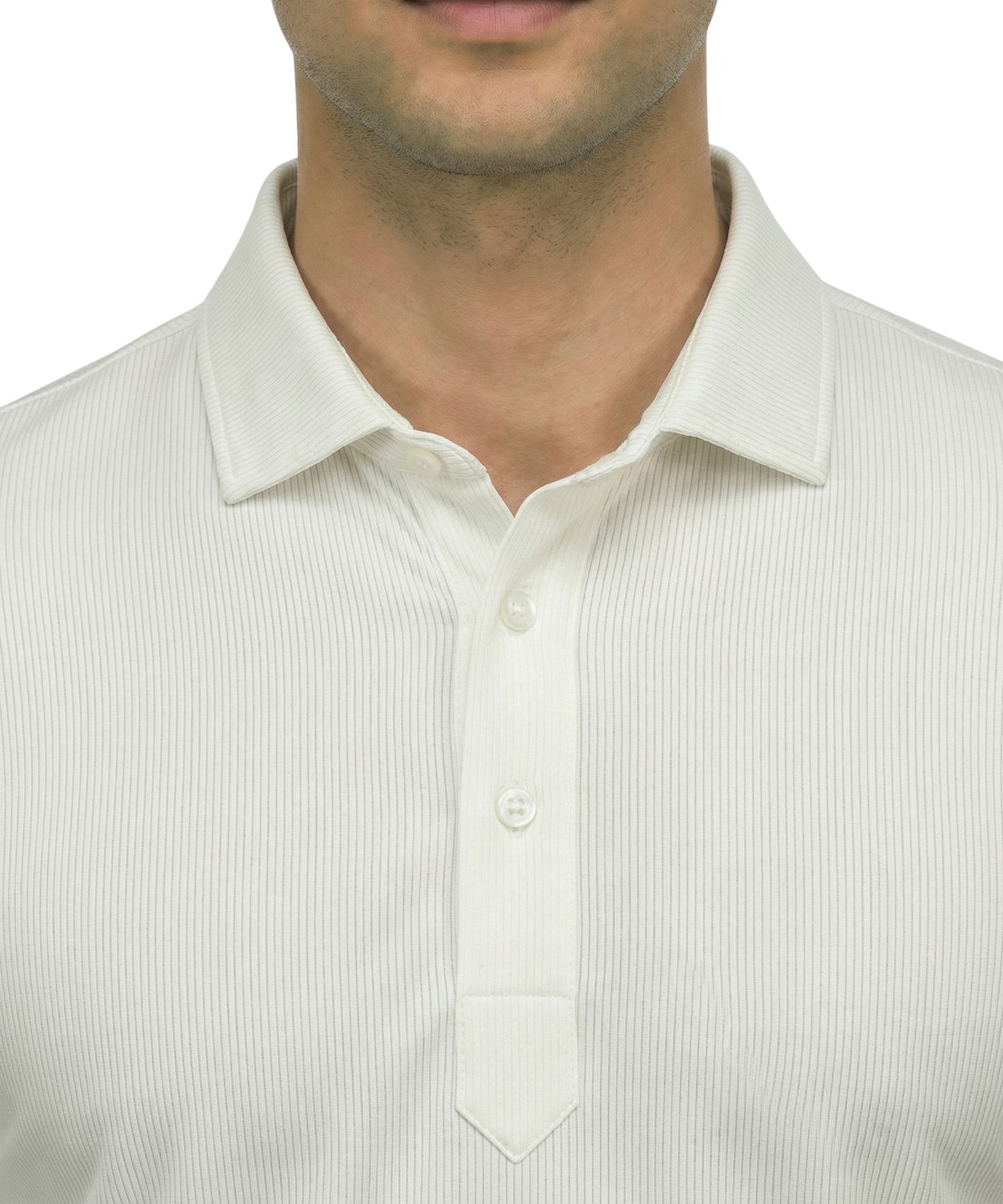 DapperTee white striper polo highlighting firm collar and professional high-end tailored fit.