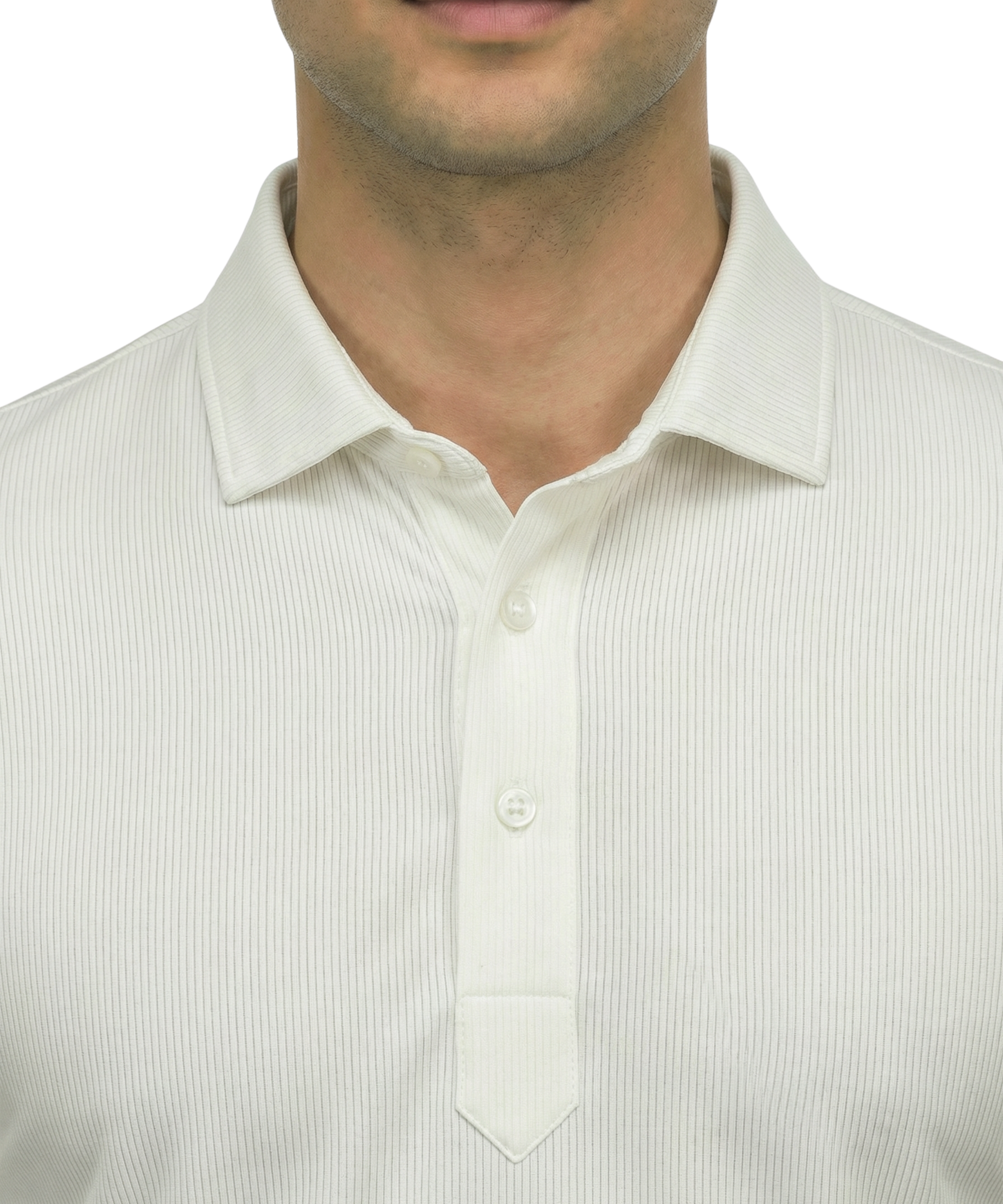 DapperTee white striper polo highlighting firm collar and professional high-end tailored fit.