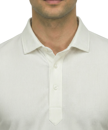 DapperTee white striper polo highlighting firm collar and professional high-end tailored fit.