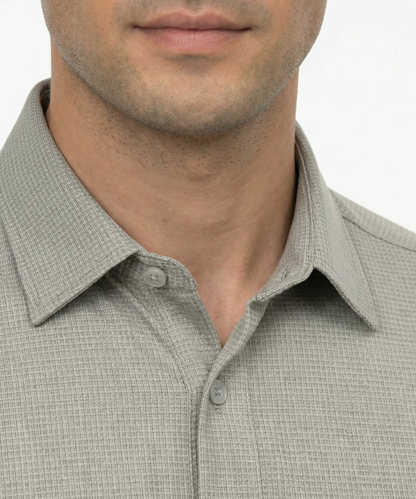 DapperTee gold open shirt highlighting firm collar and professional high-end tailored fit.