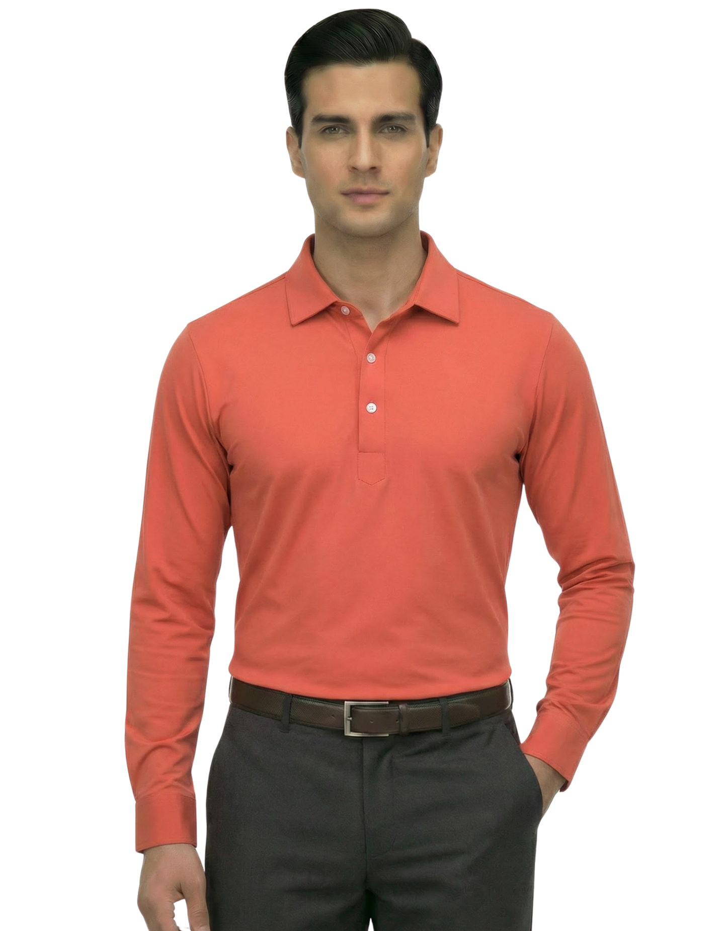 Men's DapperTee rust long sleeve polo breathable polyamide fabric for professional office.