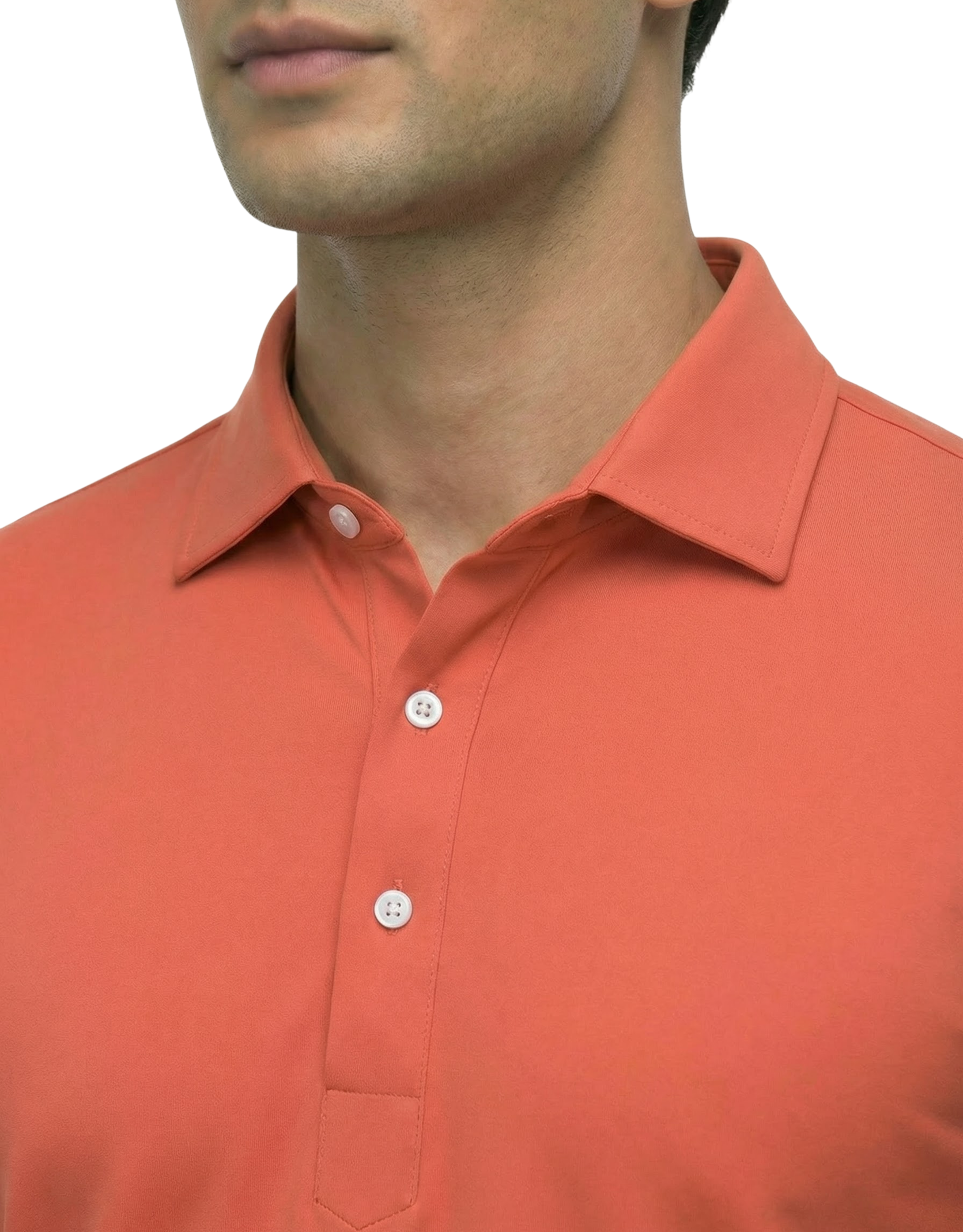 DapperTee rust long sleeve polo highlighting firm collar and professional tailored fit.