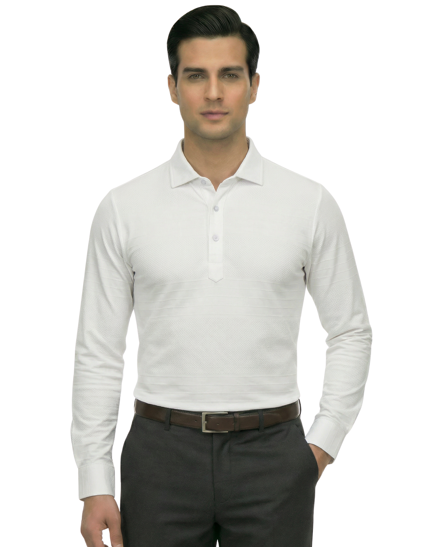 Men's DapperTee white long sleeve polo breathable polyamide fabric for professional office.