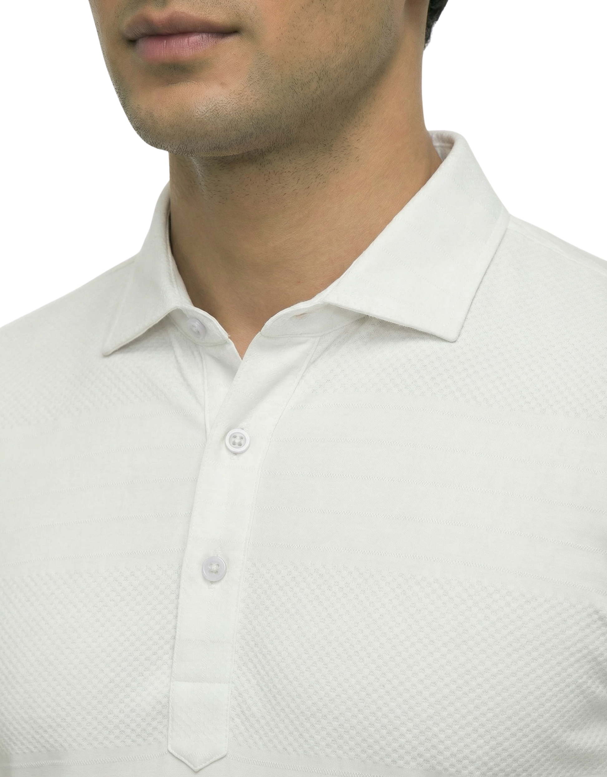 DapperTee white jacquard long sleeve polo highlighting firm collar and professional fit.