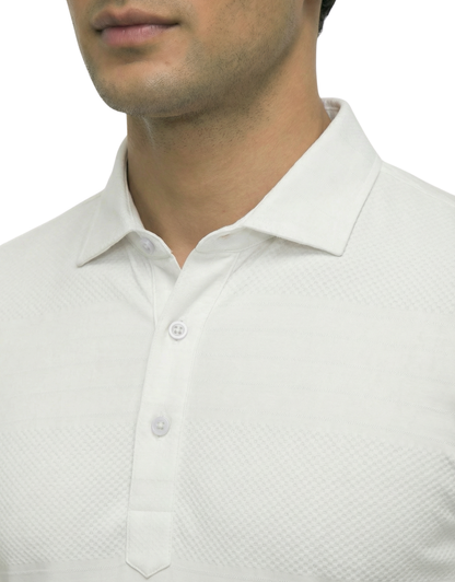 DapperTee white jacquard long sleeve polo highlighting firm collar and professional fit.