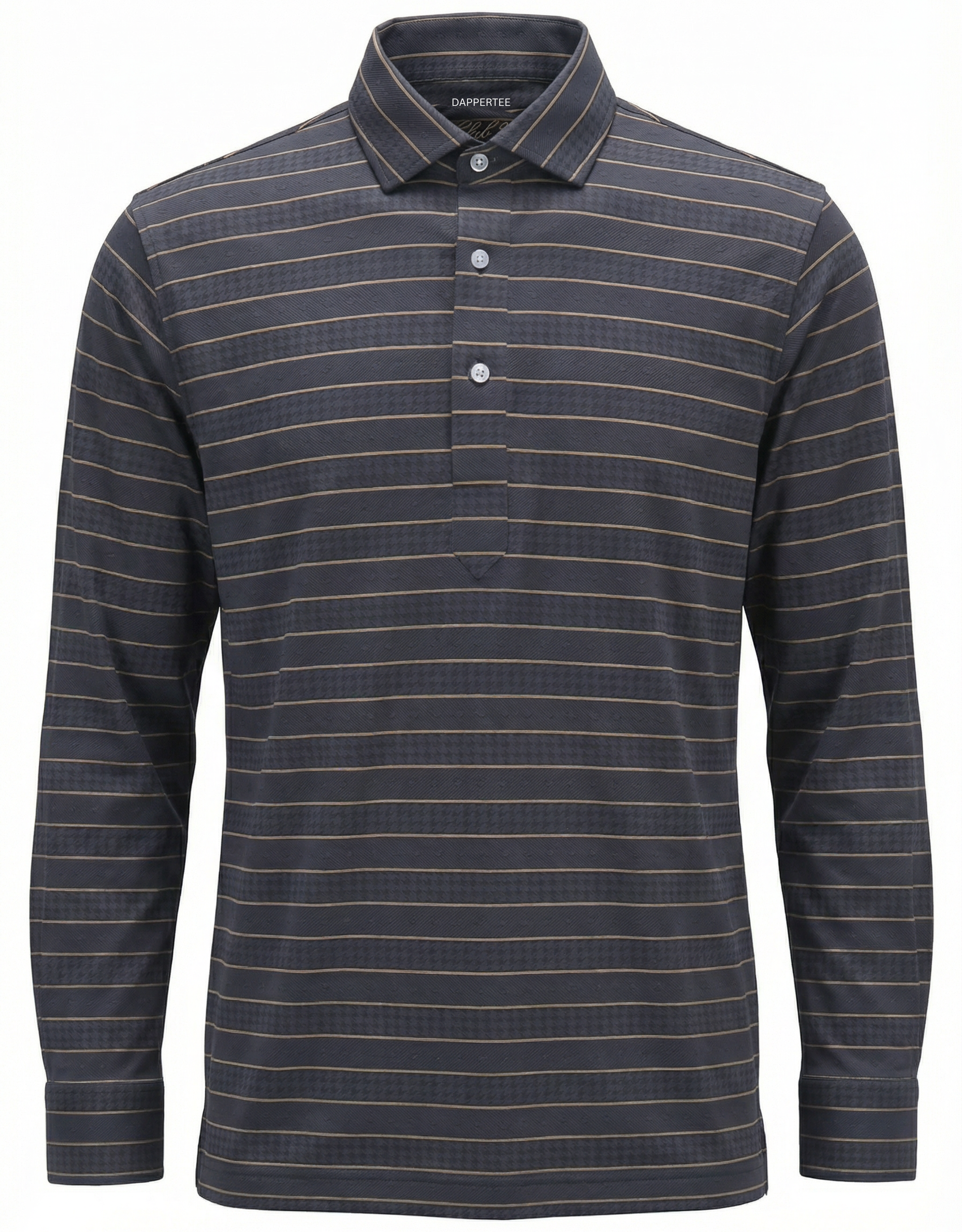 DapperTee Afrikaans Ultra grey gold stripe long sleeve polo luxury office wear.