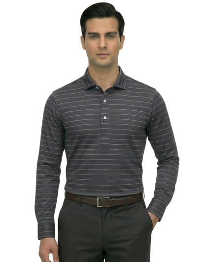 Men's DapperTee grey gold long sleeve polo breathable polyamide fabric for office.
