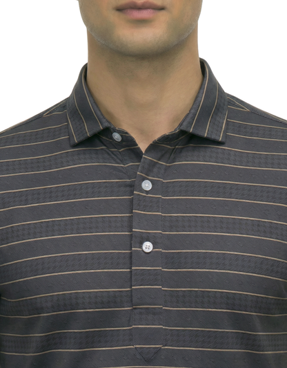 DapperTee grey gold long sleeve polo highlighting firm collar and professional fit.