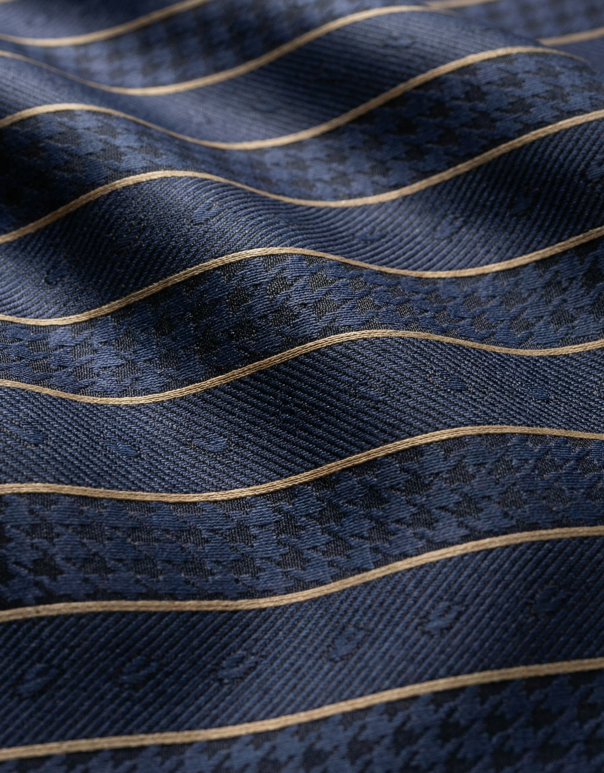 Close-up specialized polyamide fabric texture on DapperTee Afrikaans Ultra gold stripe polo.