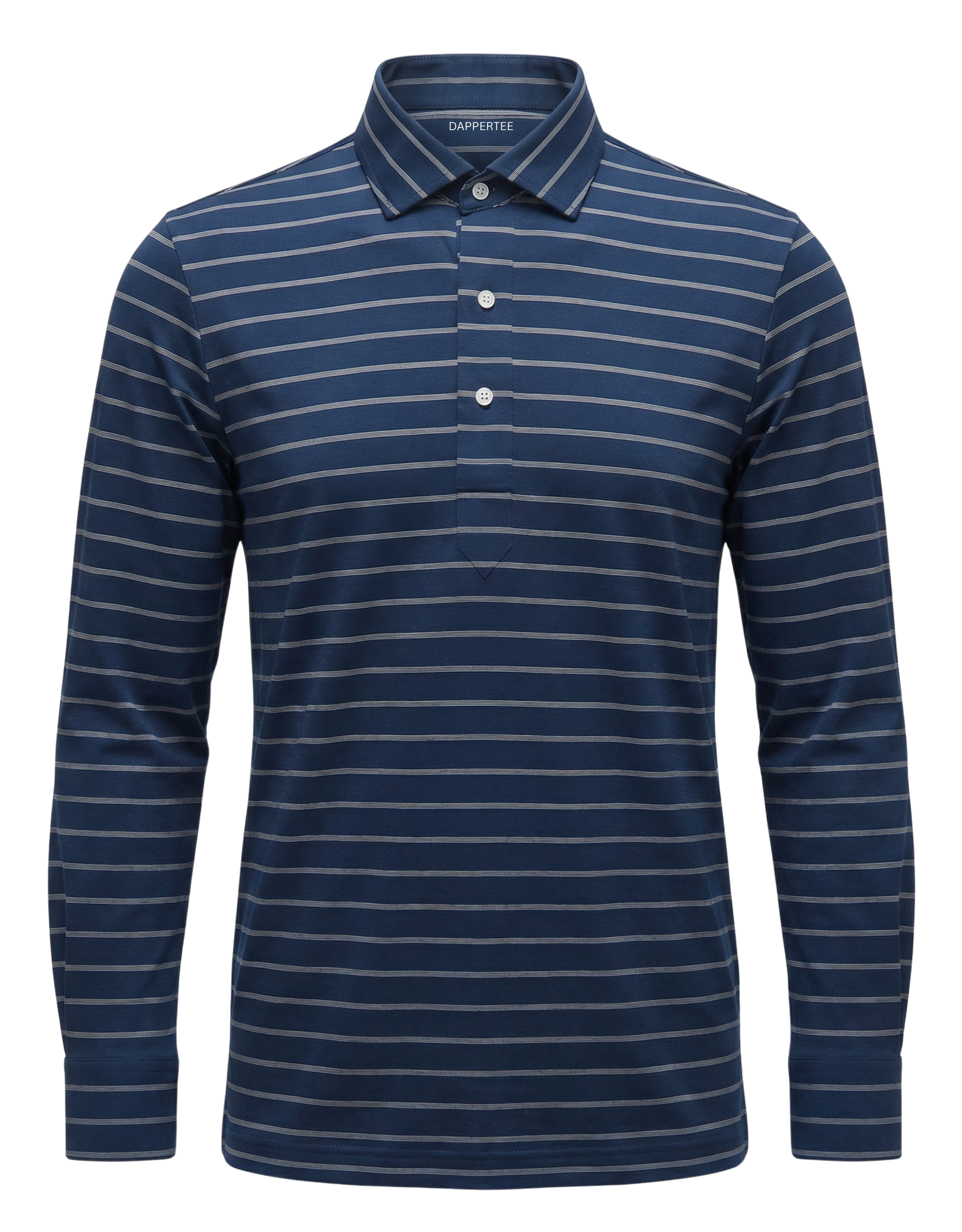 DapperTee French Navy long sleeve striped polo premium professional office attire gear.