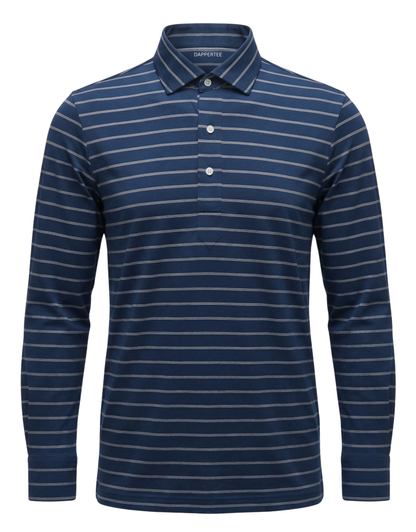 DapperTee French Navy long sleeve striped polo premium professional office attire gear.