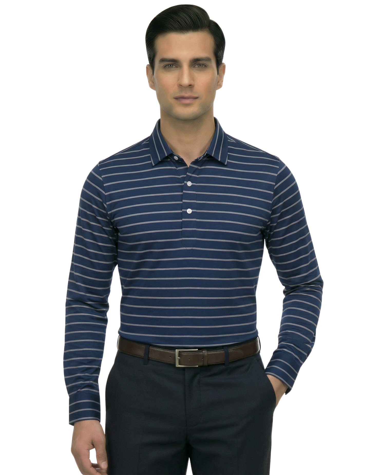 Men's DapperTee navy striped long sleeve polo breathable polyamide fabric for office.