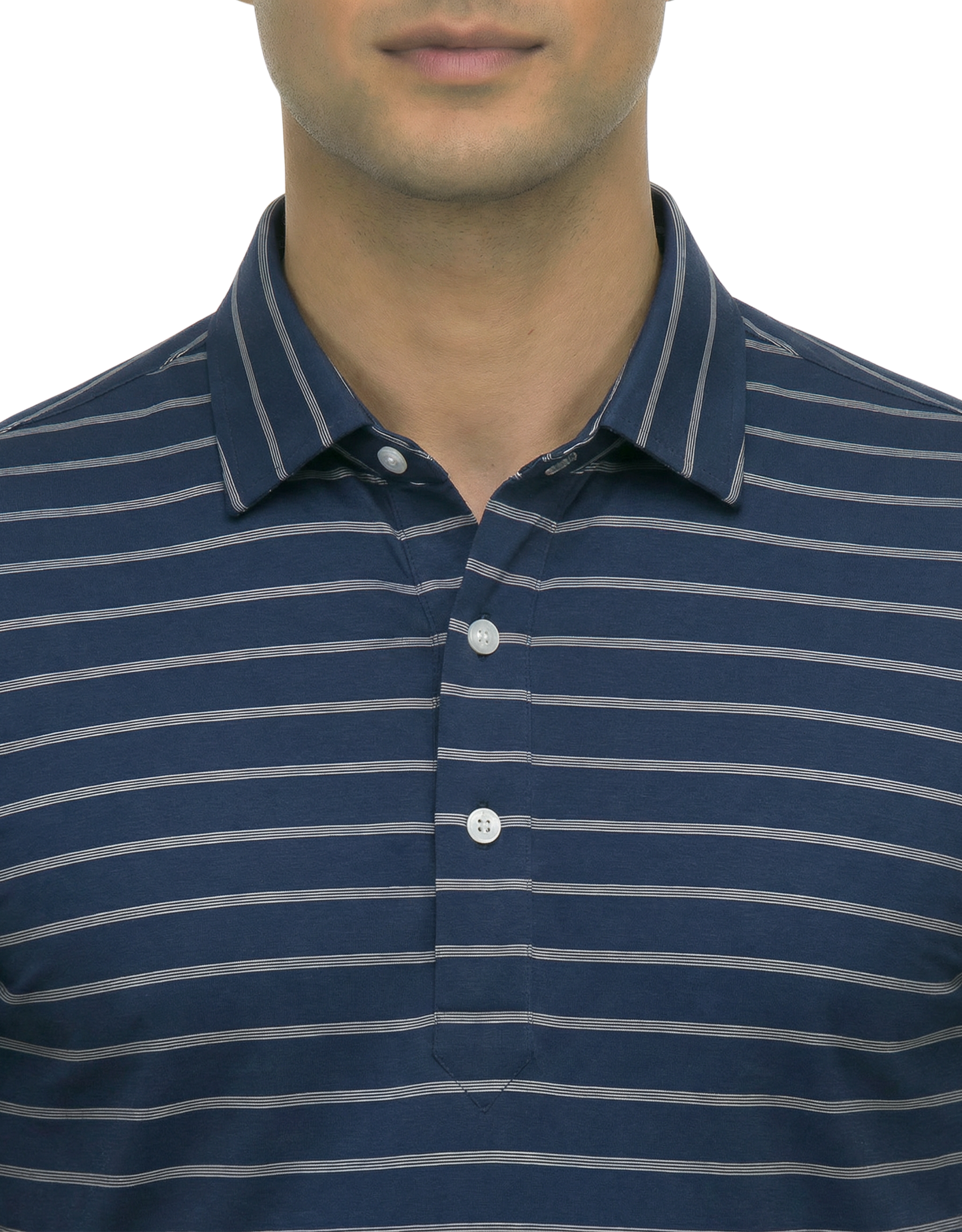 DapperTee navy striped long sleeve polo highlighting firm collar and professional fit.