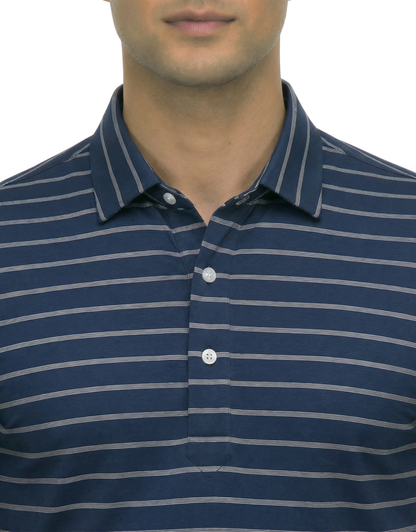 DapperTee navy striped long sleeve polo highlighting firm collar and professional fit.