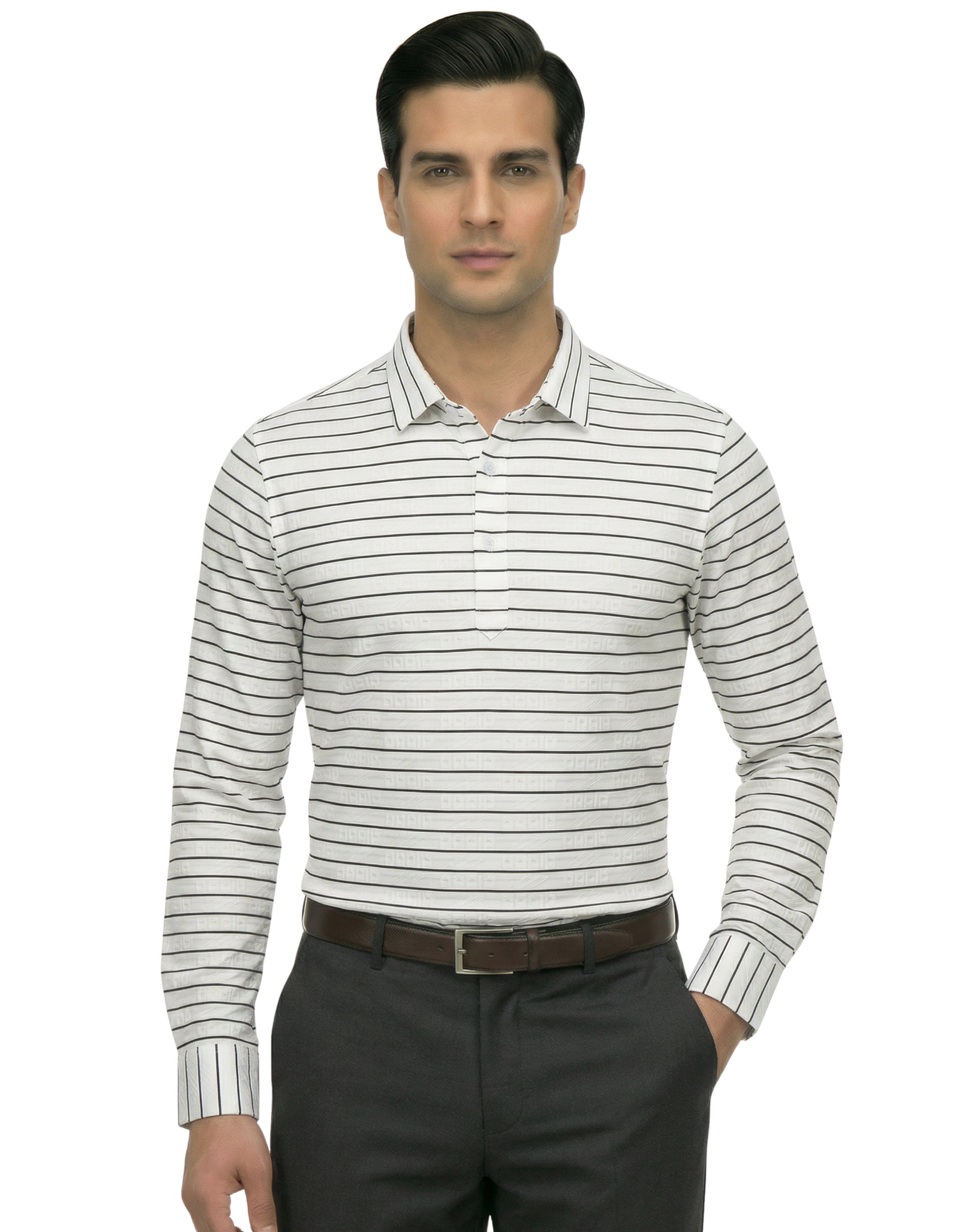Men's DapperTee white striped long sleeve polo breathable polyamide fabric for office.