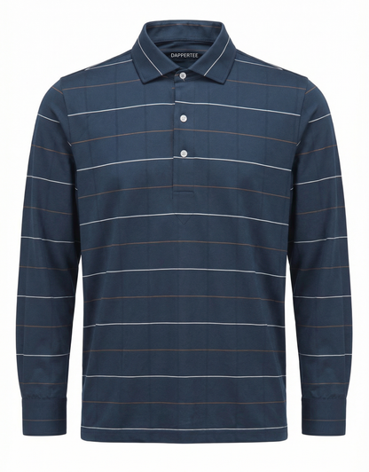DapperTee German dark grey striped long sleeve polo luxury professional office attire.