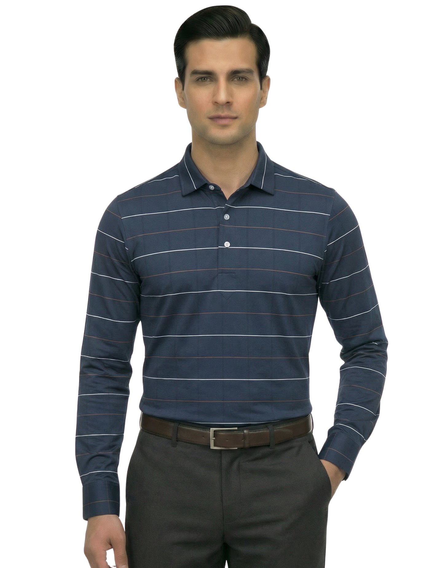 Men's DapperTee grey striped long sleeve polo breathable polyamide fabric for office.